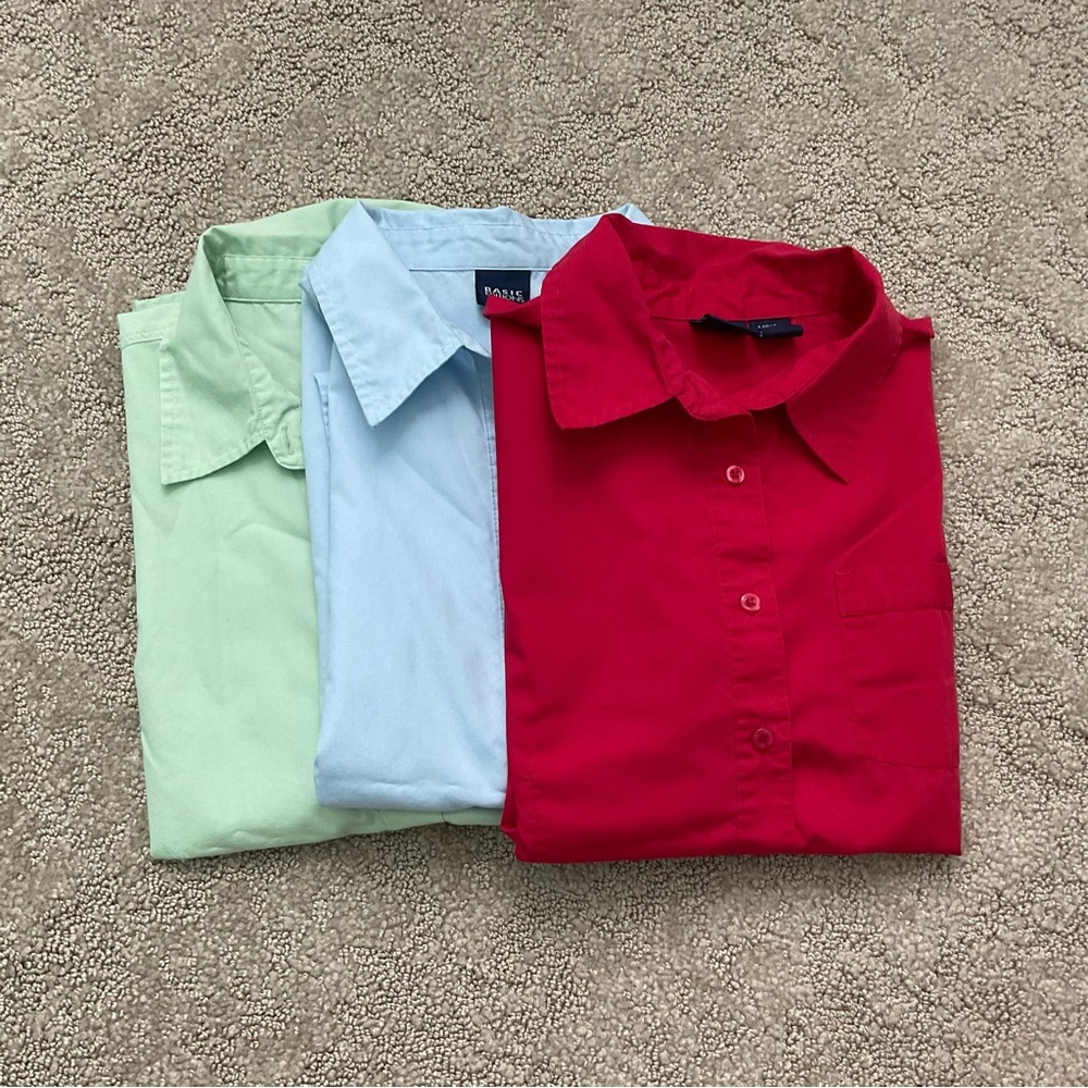 (Lot of 3) Basic Editions Cotton Blend Button Down Shirts Size Large Red, Blue
